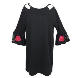 Alya Embroidered Floral Sleeve Dress Womens Size Medium Black Cut Out Shoulders